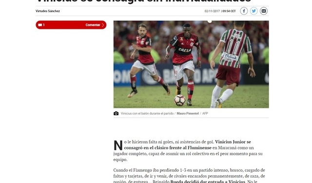 Jornal espanhol rasga elogios a Vinicius Jr após Fla-Flu: "Jogador completo"