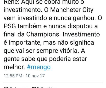Flamenga apaga publicação com resposta de Renê sobre cobrança por investimento