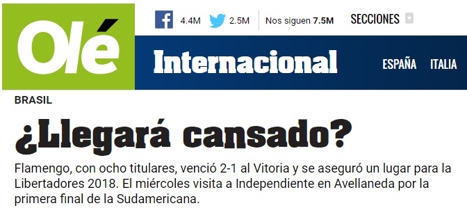 Imprensa argentina destaca fator que pode complicar Fla em 'decisão' contra o Independiente