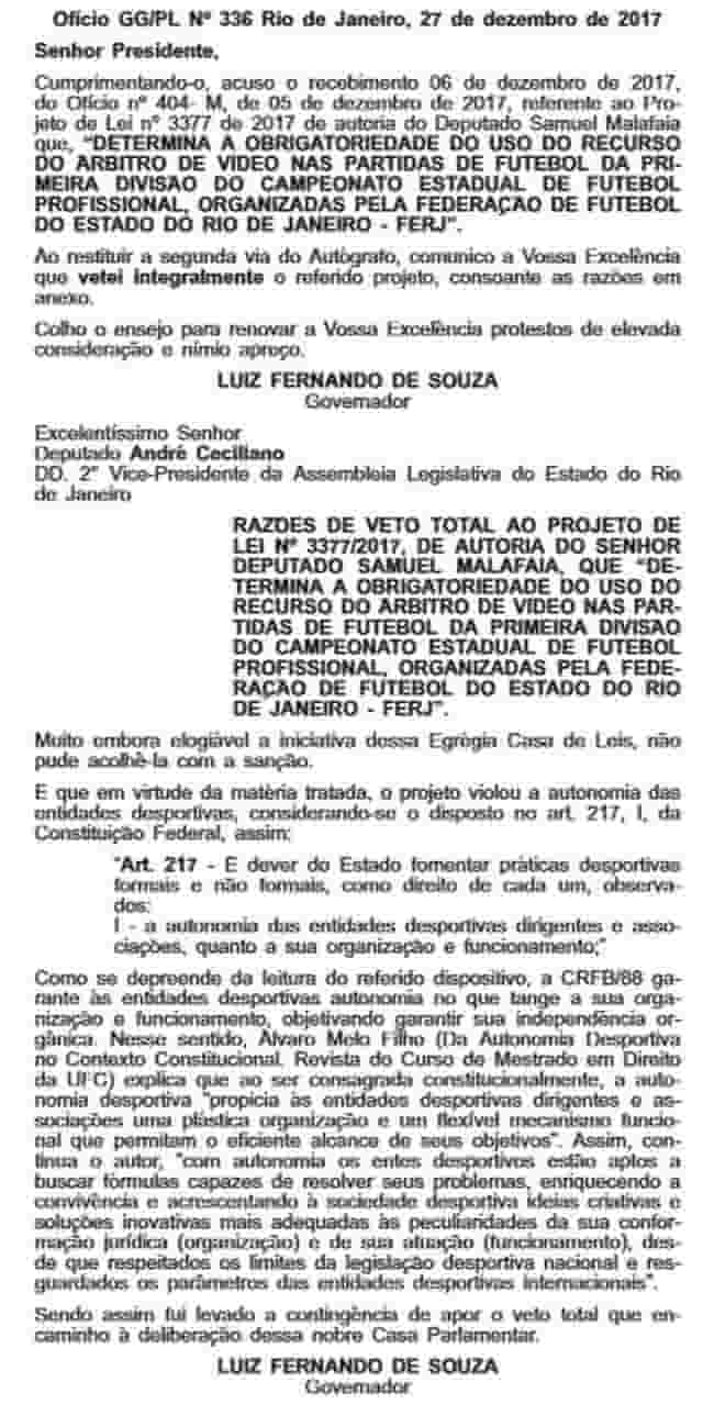 Governador veta projeto para tornar obrigatório o árbitro de vídeo no Carioca
