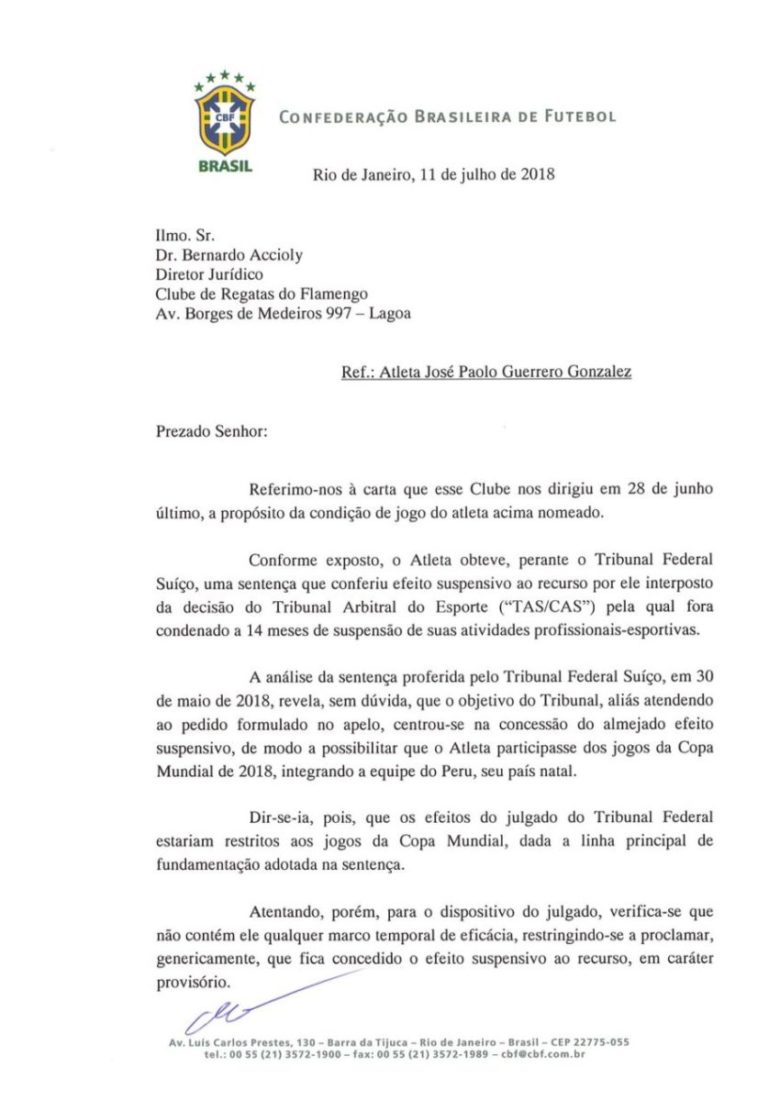 CBF irrita Flamengo, e clube leva recurso ao STJD para escalar Guerrero