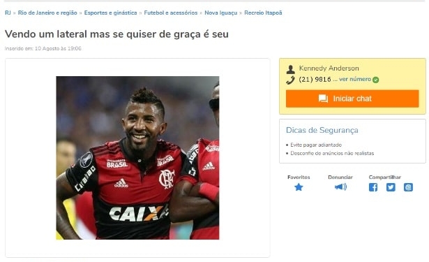 Rodinei é 'colocado à venda' por torcedor em site: "Lateral e humorista"