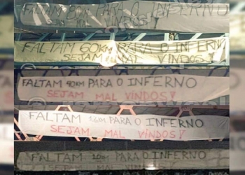 ‘Sejam mal-vindos ao inferno’: torcida do Flamengo espalha faixas indicando distância até o Maracanã para os atleticanos